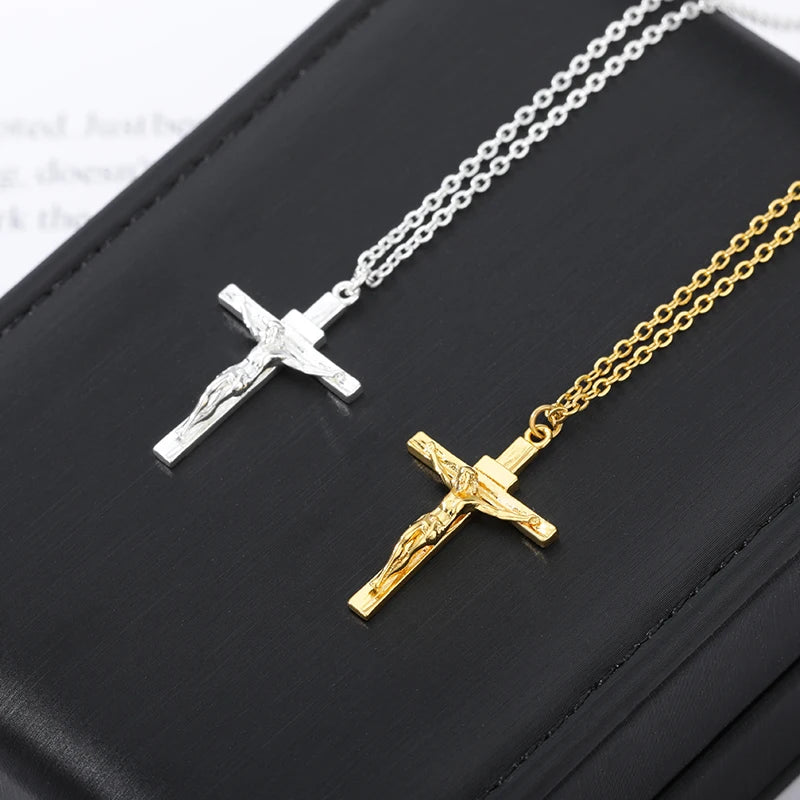 Christian Jesus Cross Necklaces For Women Men Stainless Steel Gold Color Chain Collar Choker Fashion Christ Necklace Accessory