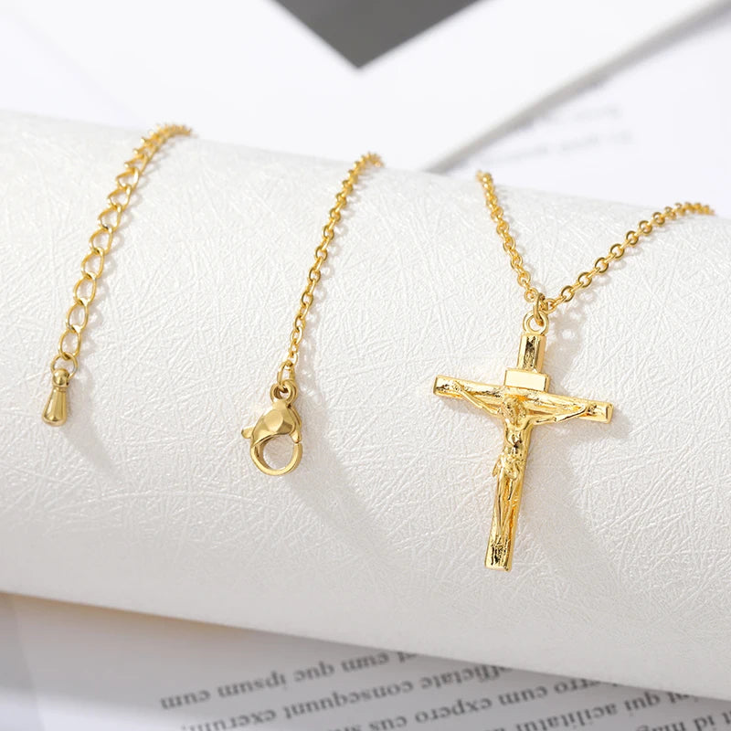 Christian Jesus Cross Necklaces For Women Men Stainless Steel Gold Color Chain Collar Choker Fashion Christ Necklace Accessory
