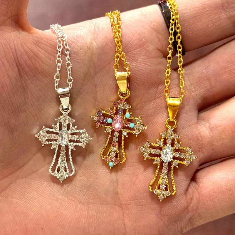 Y2K Punk Crystal Big Cross Pendant Necklaces for Women Men Gothic Irregular Cross Clavicle Chain Necklaces Aesthetic Jewelry