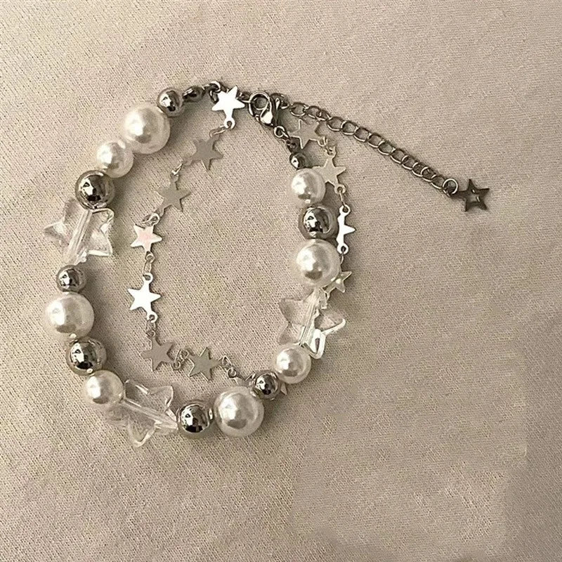 Harajuku Crystal Star Pentagram Pearl Beaded Bracelet for Women Vintage Aesthetic Charm Double Layer Chain Bracelet Jewelry Gift