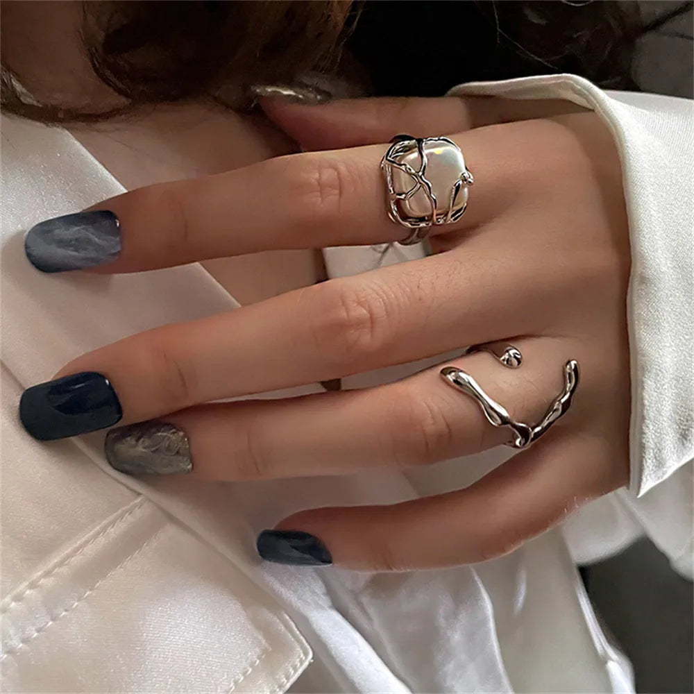 Creative Geometric Irregular Melt Metal Open Rings for Women Teens Gold ColorSilver Color Hollow Cool Punk Finger Ring Jewelry