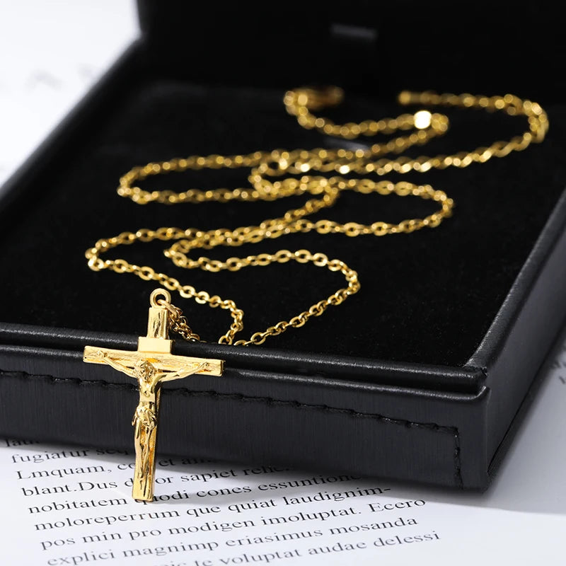 Christian Jesus Cross Necklaces For Women Men Stainless Steel Gold Color  Chain Collar Choker Fashion Christ Necklace Accessory