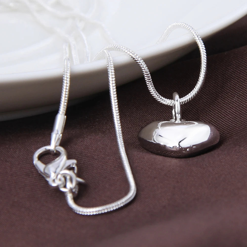 Silver Color Solid Small Heart Pendant Necklace 16-30 Inch Snake Chain For Women Wedding Charm Fashion Jewelry