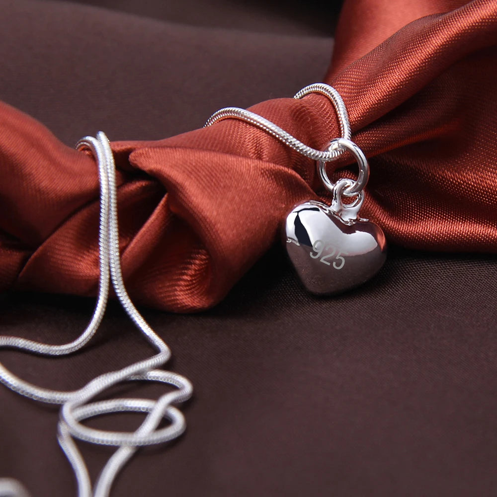 Silver Color Solid Small Heart Pendant Necklace 16-30 Inch Snake Chain For Women Wedding Charm Fashion Jewelry