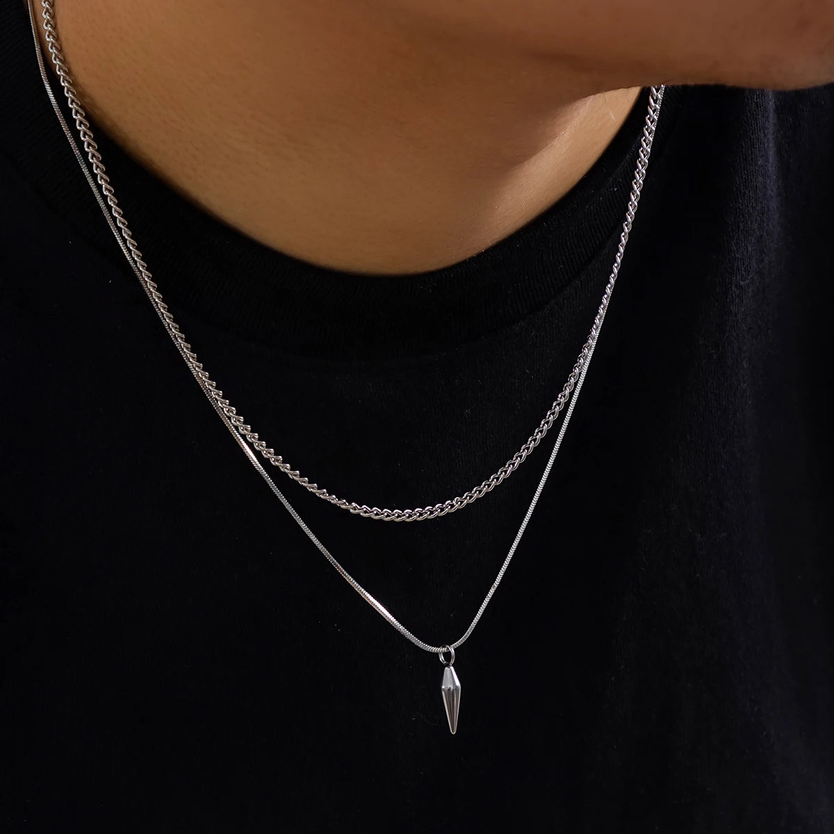 2pcs/set Stainless Steel Metal Rivet Pendant Thin Snake Chain Necklace for Men Punk Silver Color Cuban Link Chain Choker